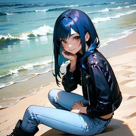 1female, Blue Hair, Black Leather Jacket, Straight Hair, Blue Jeans, Combat Boots, Brown Eyes, Smiling, Lean, Regular Ranker, Young Female, Beach, Sitting on the Sand