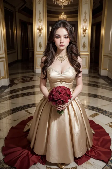 A stunning photograph captures the essence of romance and elegance. A sumptuous chocolate-colored dress envelops a 15-year-old woman, standing on a cream and gold marble floor, symbolizing grace and poise. Her hands gently cradle a stunning bridal bouquet,...