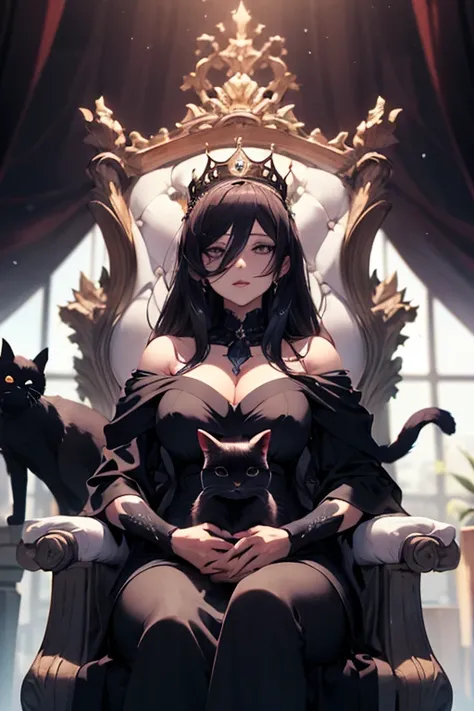 ((melhor qualidade, 4k)), ((obra de arte)), (detalhado), Anime - (mature woman: 1.4), A woman with long black hair, wearing a crown, black dress with purple details, sitting on a throne where, with a black cat on her lap