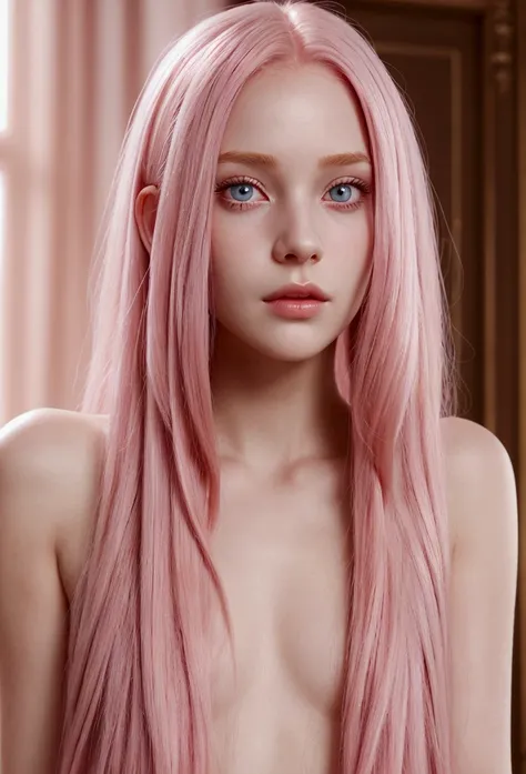 Adorable and innocent face, fair skin, (long pink hair), magenta eyes, slender European young woman, pink gold rose gold color theme, anatomically correct, realistic proportions