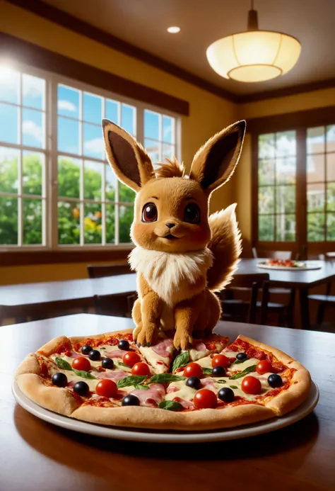 one eevee_(Pokémon) enjoying a slice of pizza in a sunny Dining room, with a Comfort atmosphere, Aroma, and bright colors. (best quality,4K,8k,high resolution,masterpiece:1.2),Super detailed,(Practical,photoPractical,photo-Practical:1.37), HDR, Ultra HD, S...