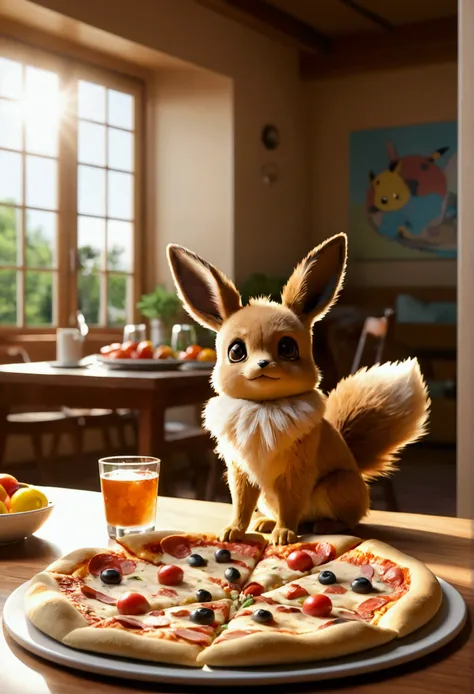 one eevee_(Pokémon) enjoying a slice of pizza in a sunny Dining room, with a Comfort atmosphere, Aroma, and bright colors. (best quality,4K,8k,high resolution,masterpiece:1.2),Super detailed,(Practical,photoPractical,photo-Practical:1.37), HDR, Ultra HD, S...