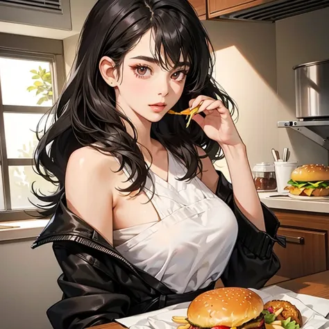 Elaine,shoulder-length black hair,eyes browns, thin lips, Round face, breasts big, in the kitchen eating burger and fries ,detailed artwork.