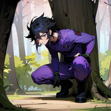 1male, Black Hair, Purple Ninja Outfit, Messy Hair, Black Combat Boots, Stealth Attire, Blue Eyes, Focused Expression, Athletic, Scout, Young Male, Forest, Hiding in the Shadows