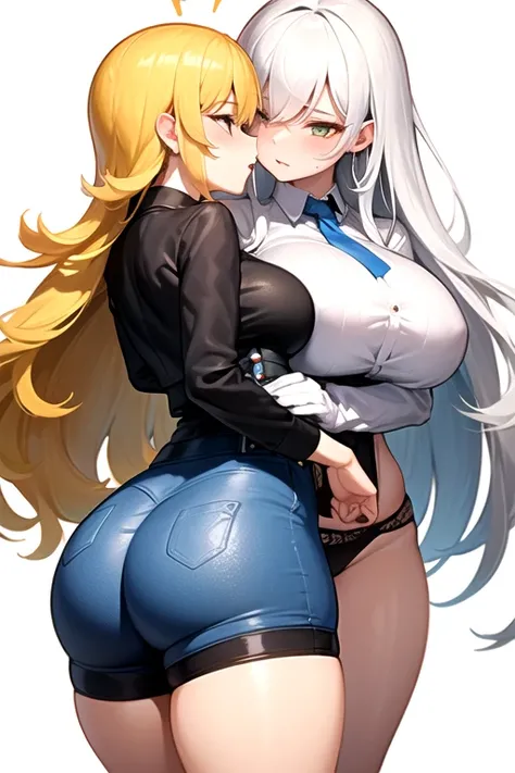 Lesbian (very long loose yellow hair)(big breasts, big thighs)(with  clothes it is very tight) that he is kissing at school with his girlfriend,(big breasts, big thighs)lesbian love