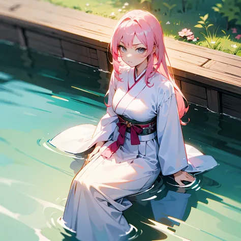 1female, Pink Hair, White Hanbok, Straight Hair, Yellow Flats, Traditional Korean Attire, Grey Eyes, Serious Expression, Slim, Guide, Adult Female, Lake, Sitting by the Water