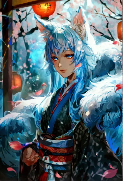 fox Light blue hair 　beast girl　indigo fur　fox beast girl　fox Light blue hair 　beast girl　indigo fur　fox beast girl　Wallpaper 4k,8k,highly detailled,,vivid colors,detailed kitsune with 9 tails,traditional Japanese artwork,tatami floor,beautiful cherry blos...