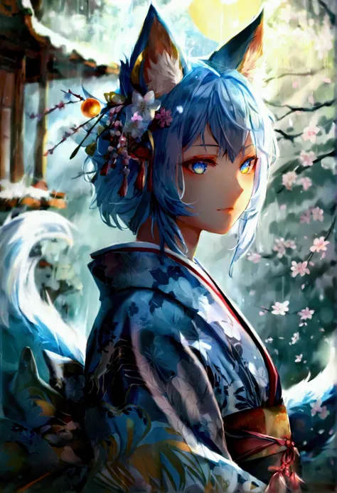 fox Light blue hair 　beast girl　indigo fur　fox beast girl　fox Light blue hair 　beast girl　indigo fur　fox beast girl　Wallpaper 4k,8k,highly detailled,,vivid colors,detailed kitsune with 9 tails,traditional Japanese artwork,tatami floor,beautiful cherry blos...