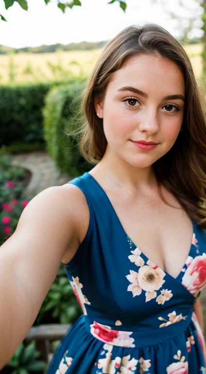 Exact same british young girl taking a selfie of herself wearing a beautiful blue floral dress in a garden, perfect and full body, curvy_hips, looking-at-viewer, light honey eyes, standing, mood lighting, Bokeh