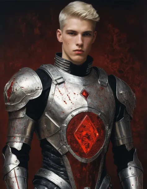 {{Masterpiece, best quality, oil painting, by Franz von Stuck, by J. C. Leyendecker}}, (((((the full body portrait of a 20 year old male cyborg, manly, tall, young, he has silver hair, scarred face, sullen, arrogant, pensive, majestic, furious))))), ((((He...