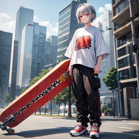 A 15-year-old girl with gray hair, red eyes, 150 tall who has a skateboard as a weapon and wears baggy pants and oversized t-shirts.