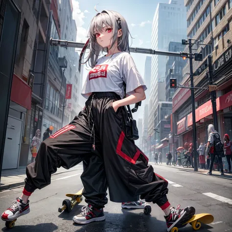 A 15-year-old girl with gray hair, red eyes, 150 tall who has a skateboard as a weapon and wears baggy pants and oversized t-shirts.