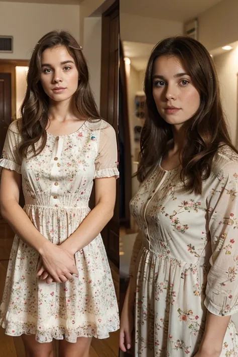 An innocence woman in 20 yrs old dress with floral dress and brown hair colour