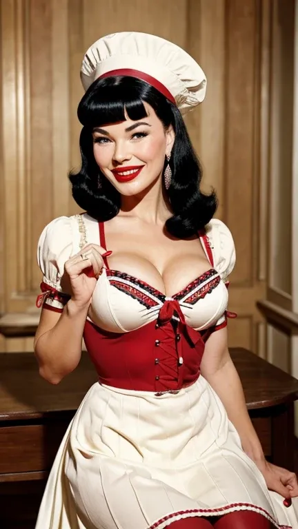 Bettie Page dressed in traditional French clothing wearing lipstick and smiling