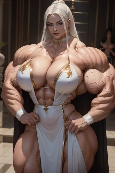 ((Close-up)), tall, (White hair), beautiful muscular woman, long straight hair, light brown skinned, closed smile, (black lipstick), (massive muscles), (hyper muscle), (ginormous bulky muscles), glowing blue eyes, (beautiful white ancient costume), choker,...