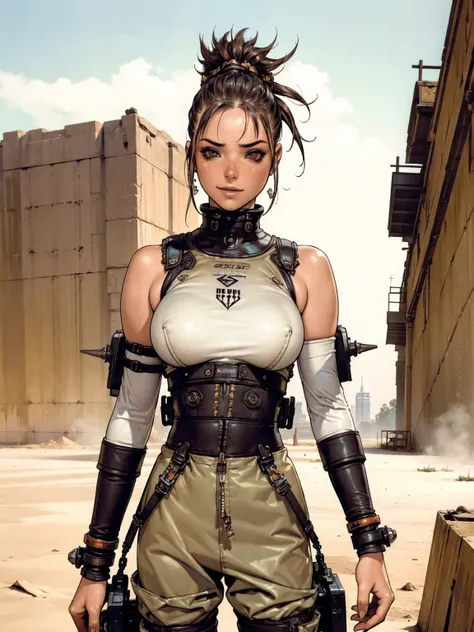 (((DuneWalker))), Super detailed illustration of a scene in the Bakersfield desert where the Wasteland Weekend festival takes place, an alone girl walks among the wreckage of a post-apocalyptic civilization, She wears Mad Max style clothes, your face is be...