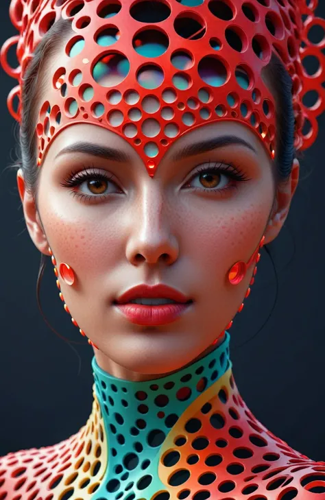 concept art a womans face is made of colorful circles, red mesh in the facede, digital sculpture, trypophobia, realism | beeple, detailed digital 3d art, trypophobia acne face, synthetic bio skin, inspired by Mike Winkelmann, detailed face of a woman, deta...