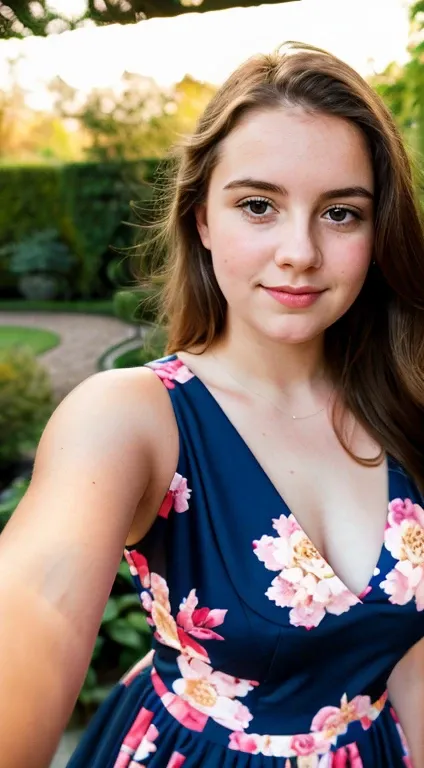 Exact same british young girl taking a selfie of herself with his left hand wearing a beautiful pink floral dress in a beautiful garden, perfect and full body, curvy_hips, looking-at-viewer, light honey eyes, standing, mood lighting, Bokeh