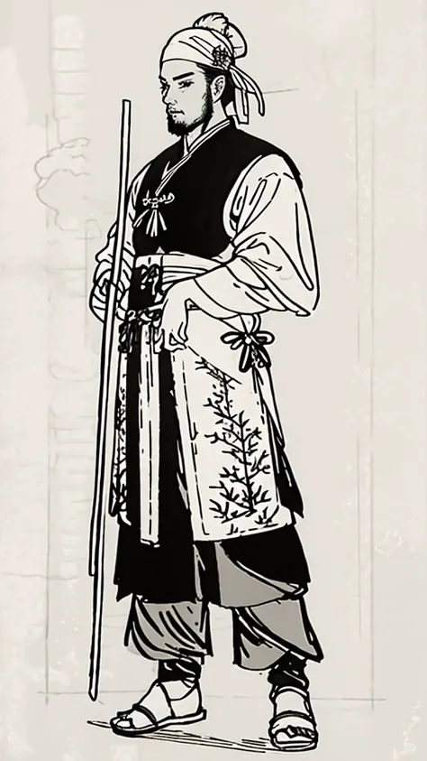 (((Monochrome)))、(((Ink Painting)))、((ancient china、Handsome young man with a bun and a white swimming cap))、Hands on hips、Holding a stick in your right hand、Line art、Oriental、Ultra-high resolution、Game Poster、Crisp and beautiful image quality、whole body ,...