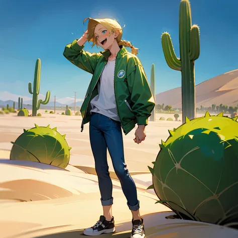 1male, Blonde Hair, Green Bomber Jacket, Braided Hair, Blue Jeans, Casual Shoes, Blue Eyes, Laughing, Tall, Fisherman, Young Male, Desert, Standing by a Cactus