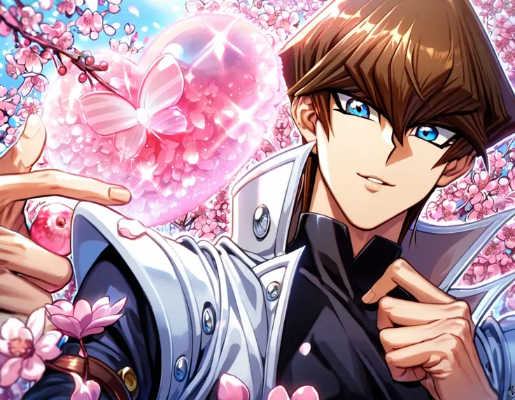 absurdres, highres, ultra detailed, HDR, master piece, best quality, extremely detailed, Kaiba Seto, brown hair, expressive blue eyes, Yu-Gi-Oh, solo, sexy man, handsome, handsome smile, sensual, white coat, black shirt, magical, sparkling, pink glittering...