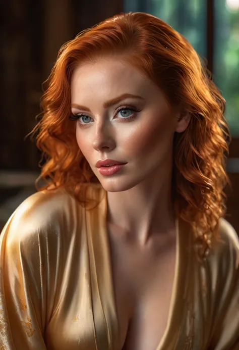 A beautiful redhead with large breasts, wet hair, wearing a silk robe, detailed eyes, beautiful detailed lips, extremely detailed face, longeyelashes, elegant pose, photorealistic, high quality, 8k, masterpiece, vivid colors, warm lighting, cinematic, dram...