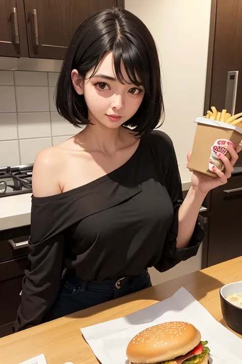 Elaine,shoulder-length black hair,eyes browns, thin lips, Round face, breasts big, in the kitchen eating burger and fries ,detailed artwork.