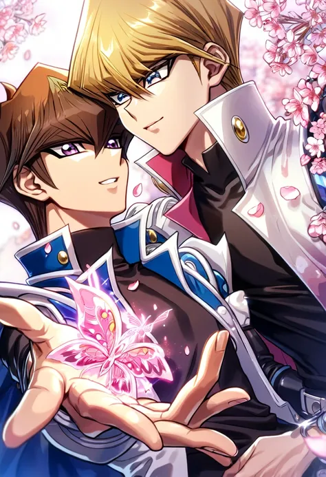 absurdres, highres, ultra detailed, HDR, master piece, best quality, extremely detailed, Kaiba Seto, brown hair, expressive blue eyes, Yu-Gi-Oh, Yami Yugi, blonde hair, expressive purple eyes, two sexy men together, yaoi, gay couple, handsome, handsome smi...