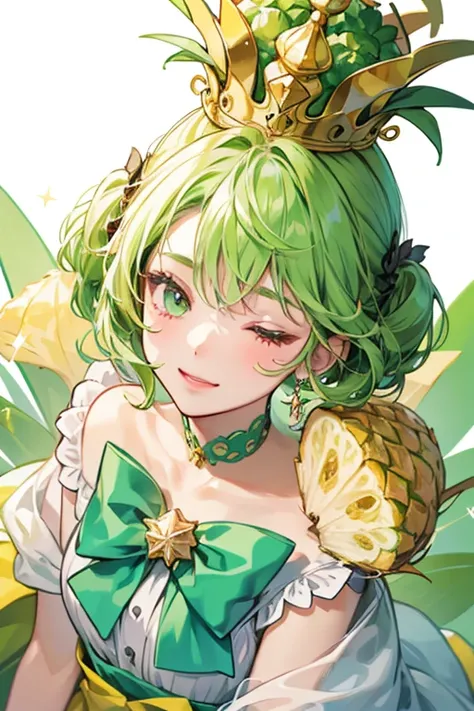 A pineapple GIRL bear with a squinting wink-eye. Her ears are made from sliced pineapple, and on top of her head is a light green "crown" of leaf to match her bow. SPARKLE; GLITTER