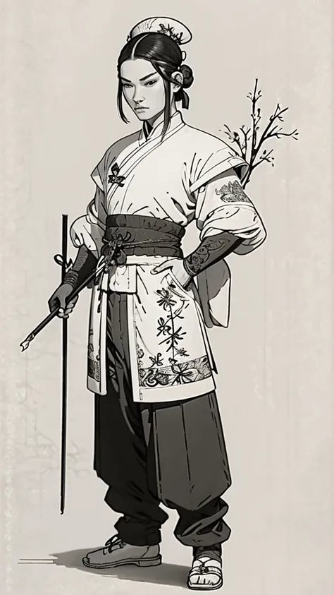 (((Monochrome)))、(((Ink Painting)))、((ancient china、Androgynous man with a bun hairstyle and a white swimming cap))、Hands on hips、Holding a stick in your right hand、Line art、Oriental、Ultra-high resolution、Game Poster、Crisp and beautiful image quality、whole...