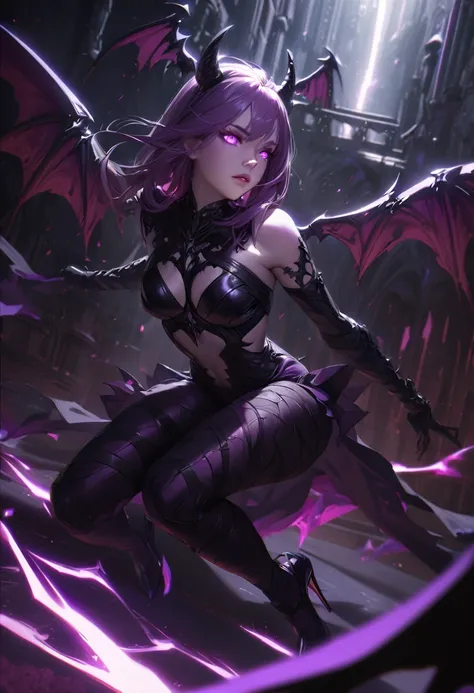 a beautiful girl in demon-like outfit, a purple and black tight bodysuit, purple high heels, demonic wings, purple glowing eyes, detailed face, detailed body, dramatic lighting, dark fantasy, cinematic, highly detailed, 8k, photorealistic