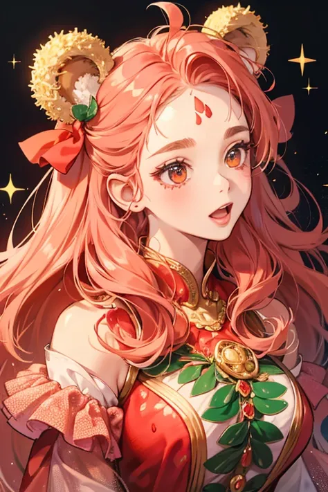 A strawberry Num with GIRL bear ears, a squinting eye and a wide opened mouth. Her body color is coral to closely match the Strawberry color. She has gold seeds scattered over her forehead, and she has strawberry leaves on her head adorned with a bow match...