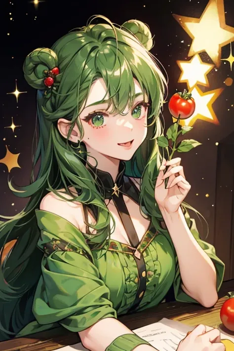 Stew Tomato is a tomato GIRL bear with a squinting eye and hER tongue sticking out. SHe has dark green curled leaves and a stem. SPARKLE; GLITTER