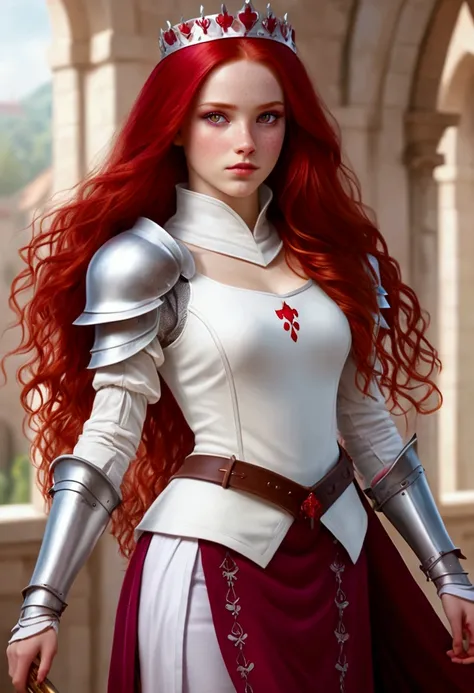 Adorable and innocent face, fair skin, (long blood red hair), magenta eyes, slender European young woman, pure white and blood red themed princess knight outfit, anatomically correct, realistic proportions