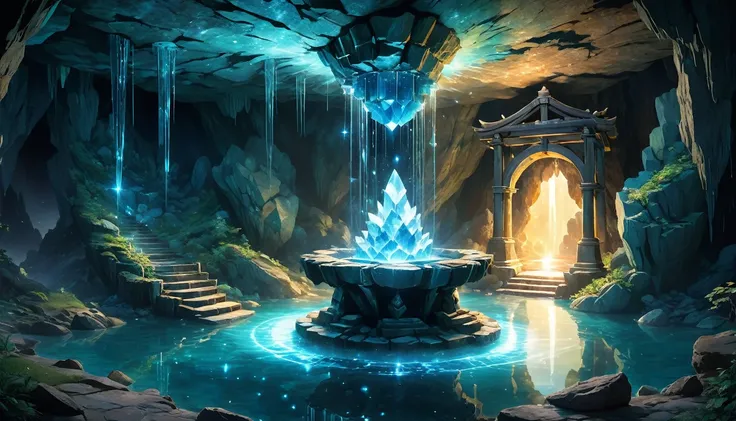 (anime, fantasy, old well), (best quality, highres, HDR:1.2),, Crystal Cave, crystal rock, Crystal Reflection, light, illumination, Glowing particle composition), Ultra Wide Angle, Octane Rendering, Strengthen, complicated