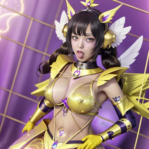 high quality, masterpiece, Very detailed, 8k, A beautiful 11 year old Japanese girl:1.5, Small face,Twin tails, blunt bangs, Breast Augmentation Surgery, (A gorgeous yellow magical girl heroine costume:1.5), (He has a large metal helmet on his head that co...