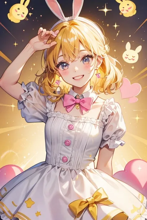 A yellow GIRL bunny marshmallow with a winking face and basic smile. She wears a pink bow and has chocolate syrup dripping down her left ear. SPARKLE; GLITTER