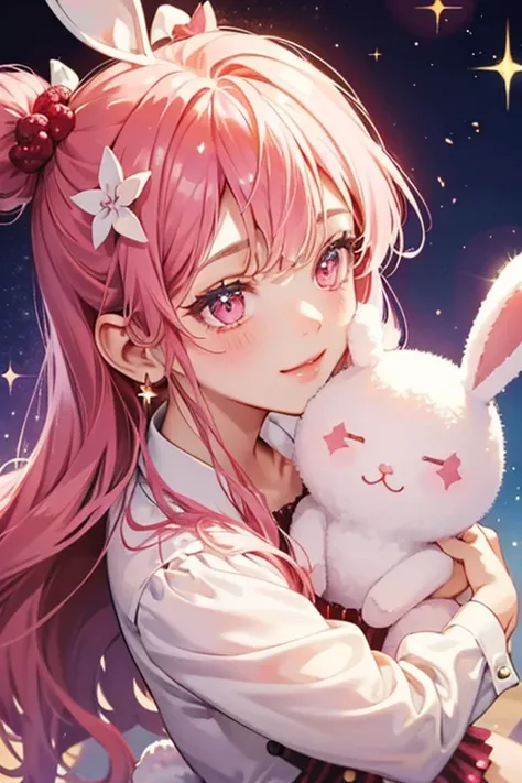 A glittering, raspberry-colored marshmallow GIRL bunny with winking face and one of her ears appears to be melting. SPARKLE; GLITTER