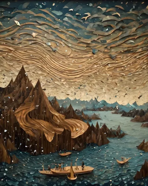 surrealist art marquetry of a jagged "the celebration of regret", raining, very wide view, f/5, wallpaper, beautiful . dreamlike...