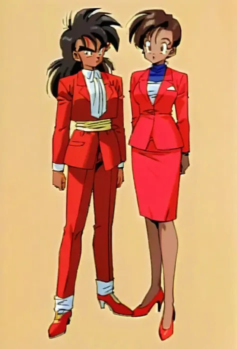 90s anime style dark Brown skinned female from dragon ball z in a red skirt suit full body skinny formal red suit and formal red skirt and formal red heels and dark brown skin and and red skirt 