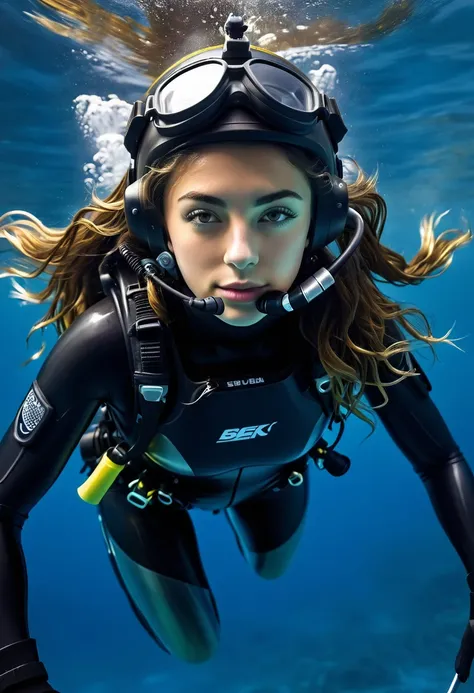 a portrait of photorealistic a girl navy seal swimming underseawith scuba equipment and flippers, swimming in speeding pose, a m...