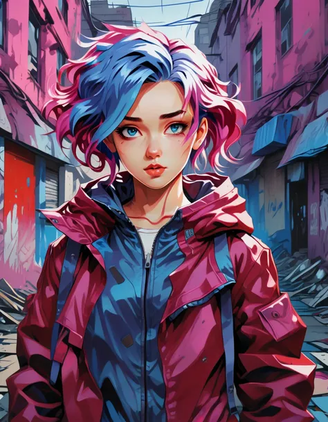 anime girl with blue hair wearing a dark red jacket, in the style of hdr, surrealistic urban scenes, comic art, hannah yata, lig...