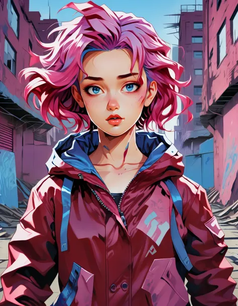 anime girl with blue hair wearing a dark red jacket, in the style of hdr, surrealistic urban scenes, comic art, hannah yata, lig...