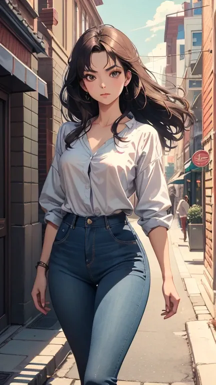 A very high-quality image (1.5), depicting a slender, firm woman with long light brown hair. His face is delicate and has an empty look in his eyes.. She wears a realistic fantasy style outfit: a French shirt tied around the chest, revealing your graceful ...