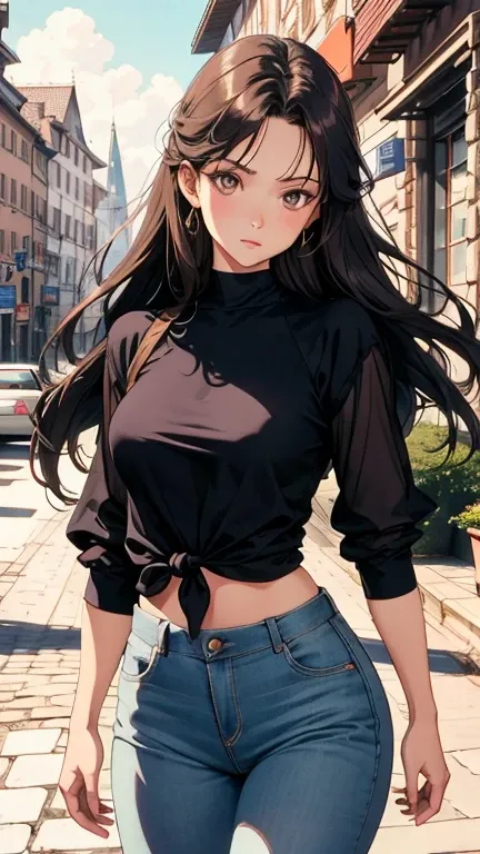 A very high-quality image (1.5), depicting a slender, firm woman with long light brown hair. His face is delicate and has an empty look in his eyes.. She wears a realistic fantasy style outfit: a French shirt tied around the chest, revealing your graceful ...