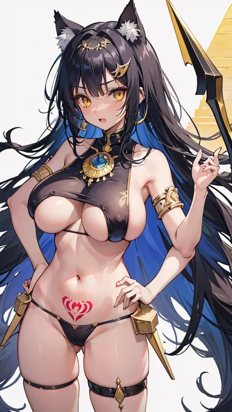 1girl, (Miyu Edelfelt), , cameltoe, black hair, brown eyes, expressionless, (gigantic_breasts),(dark skin), cat ears, black hair, hair between eyes, long hair, yellow eyes, huge breasts, holding, hand on hip, open mouth, smile, revealing clothes, (egyptian...