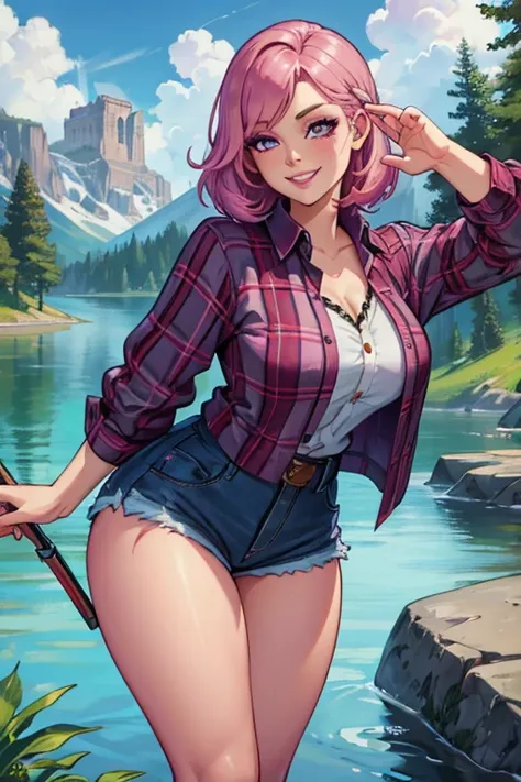 perfect face. perfect hands. a pink haired woman with violet eyes and an hourglass figure wearing a gothic plaid shirt and daisy...