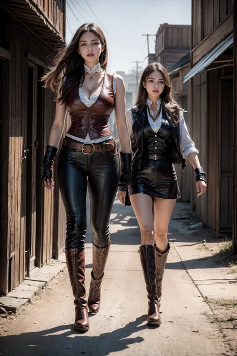 Full body cowboy woman circa 1880s, Brown long straight hair, Brown eyes, High arched eyebrows, Slender and graceful neck, Red lips, Large Breasts, Brown Leather Tights, Sleeveless Brown Leather Vest, Leather Boots, Walking on the dusty sandy streets of a ...