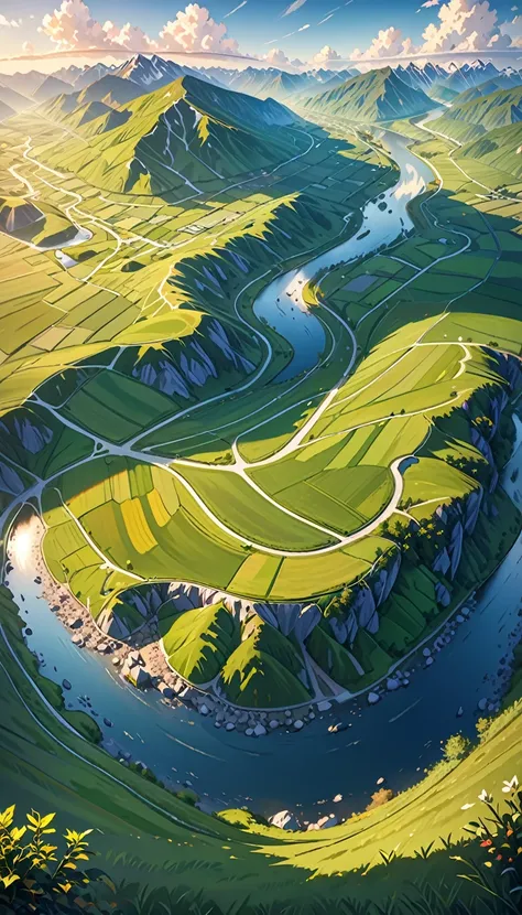 Birds-eye view flying 200 meters above the ground, looking down at (right angles:1.2) onto the fields below, beautiful landscape, aerial photography, rolling hills, lush meadows, countryside, meandering river, snow-capped mountains, dramatic clouds, golden...