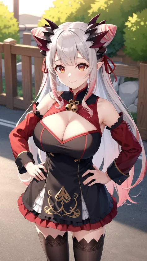 masterpiece, best quality, highres, aapatra, long hair, multicolored hair, horns, cone hair bun, hair ribbon, pointy ears, large breasts, bell, bare shoulders, cleavage cutout, frills, black dress, detached sleeves, red sleeves, long sleeves, white thighhi...